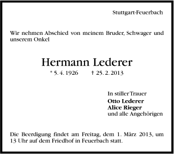 Traueranzeige von Hermann Lederer von Stuttgarter Zeitung / Stuttgarter Nachrichten