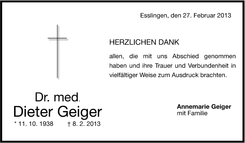  Traueranzeige für Dieter Geiger vom 27.02.2013 aus Stuttgarter Zeitung / Stuttgarter Nachrichten