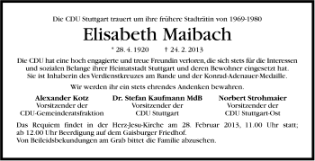 Traueranzeige von Elisabeth Maibach von Stuttgarter Zeitung / Stuttgarter Nachrichten