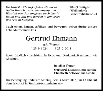 Traueranzeige von Gertrud Ehmann von Stuttgarter Zeitung / Stuttgarter Nachrichten