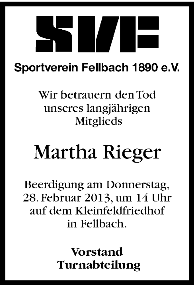  Traueranzeige für Martha Rieger vom 26.02.2013 aus Stuttgarter Zeitung / Stuttgarter Nachrichten