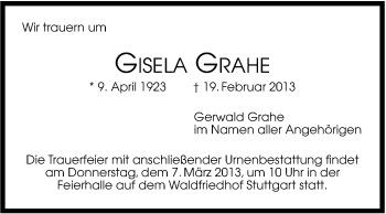 Traueranzeige von Gisela Grahe von Stuttgarter Zeitung / Stuttgarter Nachrichten