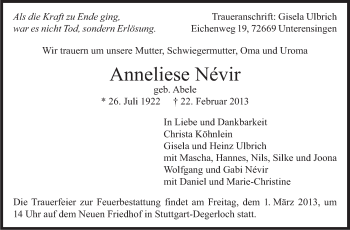 Traueranzeige von Anneliese Névir von Stuttgarter Zeitung / Stuttgarter Nachrichten