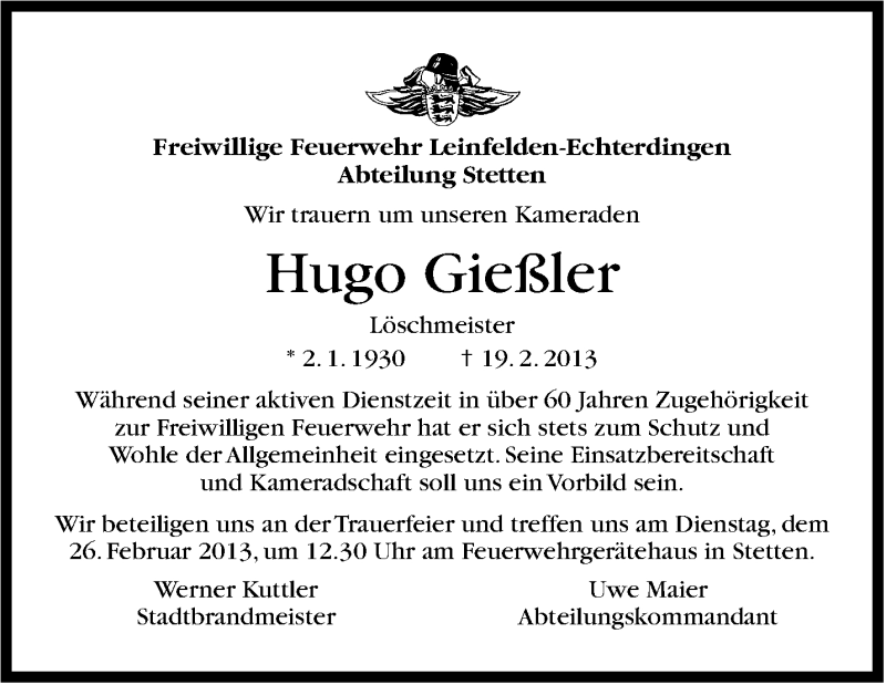  Traueranzeige für Hugo Gießler vom 26.02.2013 aus Stuttgarter Zeitung / Stuttgarter Nachrichten