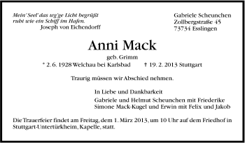 Traueranzeige von Anni Mack von Stuttgarter Zeitung / Stuttgarter Nachrichten