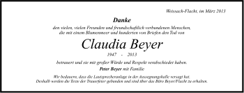 Traueranzeige von Claudia Beyer von Stuttgarter Zeitung / Stuttgarter Nachrichten