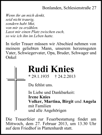 Traueranzeige von Rudi Kries von Stuttgarter Zeitung / Stuttgarter Nachrichten