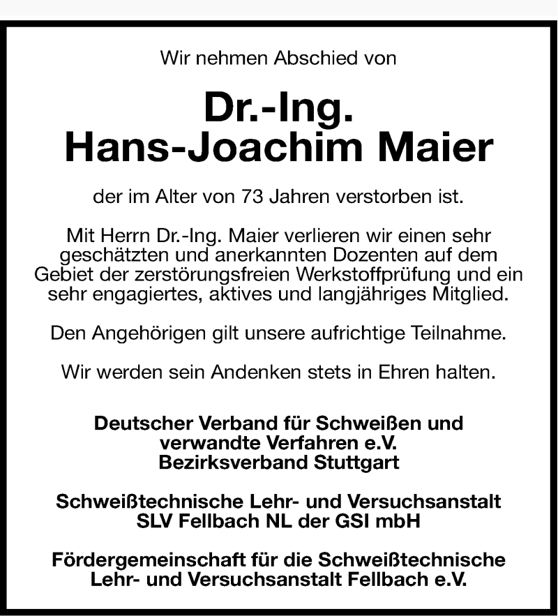  Traueranzeige für Hans-Joachim Maier vom 26.02.2013 aus Stuttgarter Zeitung / Stuttgarter Nachrichten