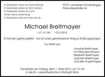 Traueranzeige von Michael Breitmayer von Stuttgarter Zeitung / Stuttgarter Nachrichten