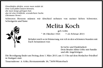 Traueranzeige von Melita Koch von Stuttgarter Zeitung / Stuttgarter Nachrichten