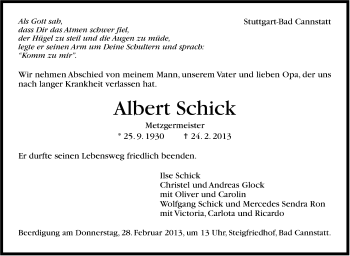 Traueranzeige von Albert Schick von Stuttgarter Zeitung / Stuttgarter Nachrichten