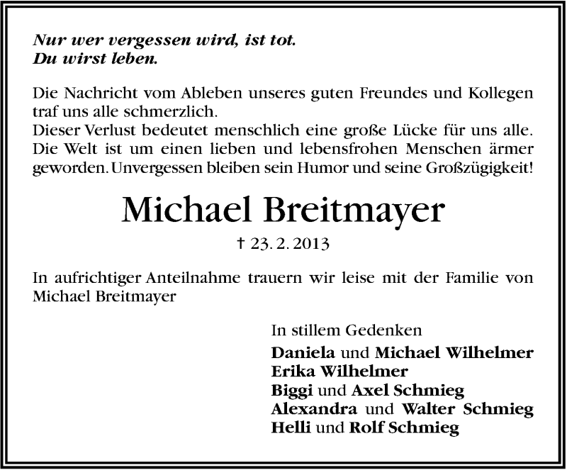  Traueranzeige für Michael Breitmayer vom 27.02.2013 aus Stuttgarter Zeitung / Stuttgarter Nachrichten