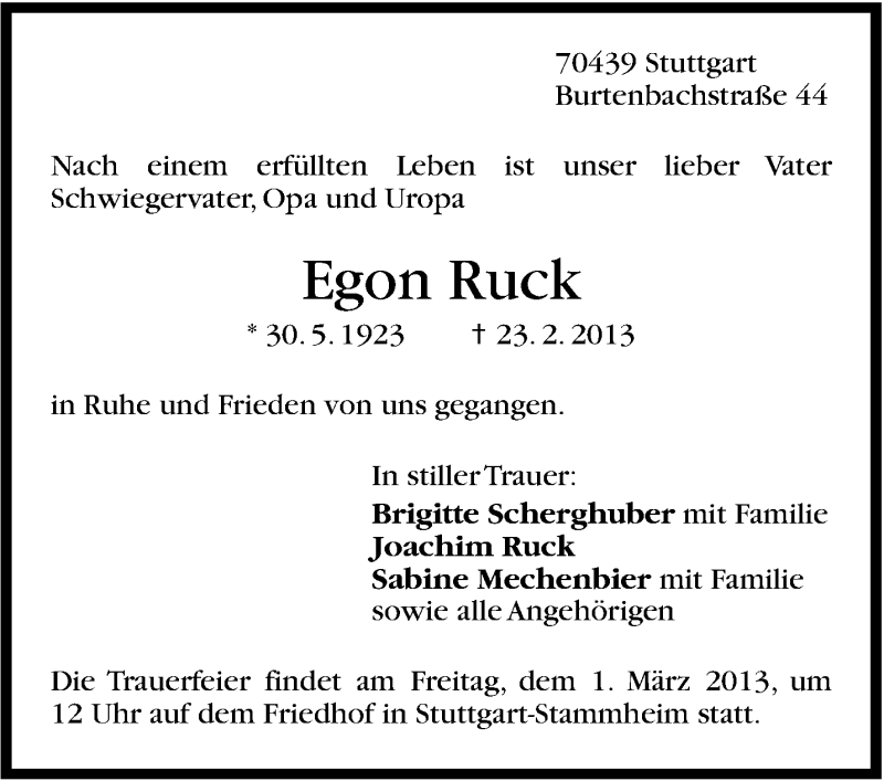  Traueranzeige für Egon Ruck vom 27.02.2013 aus Stuttgarter Zeitung / Stuttgarter Nachrichten