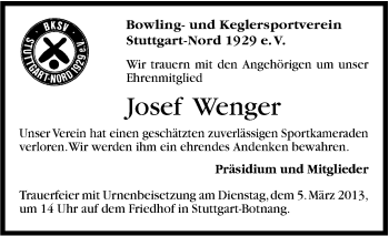 Traueranzeige von Josef Wenger von Stuttgarter Zeitung / Stuttgarter Nachrichten