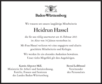 Traueranzeige von Heidrun Hassel von Stuttgarter Zeitung / Stuttgarter Nachrichten