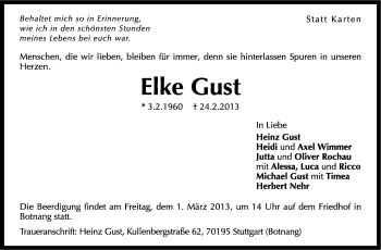 Traueranzeige von Elke Gust von Stuttgarter Zeitung / Stuttgarter Nachrichten