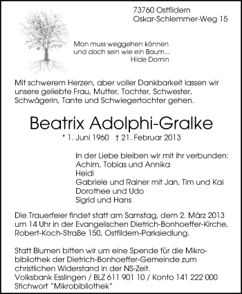 Traueranzeige von Beatrix Adolphi-Gralke von Stuttgarter Zeitung / Stuttgarter Nachrichten