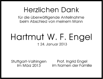 Traueranzeige von Hartmut Engel von Stuttgarter Zeitung / Stuttgarter Nachrichten