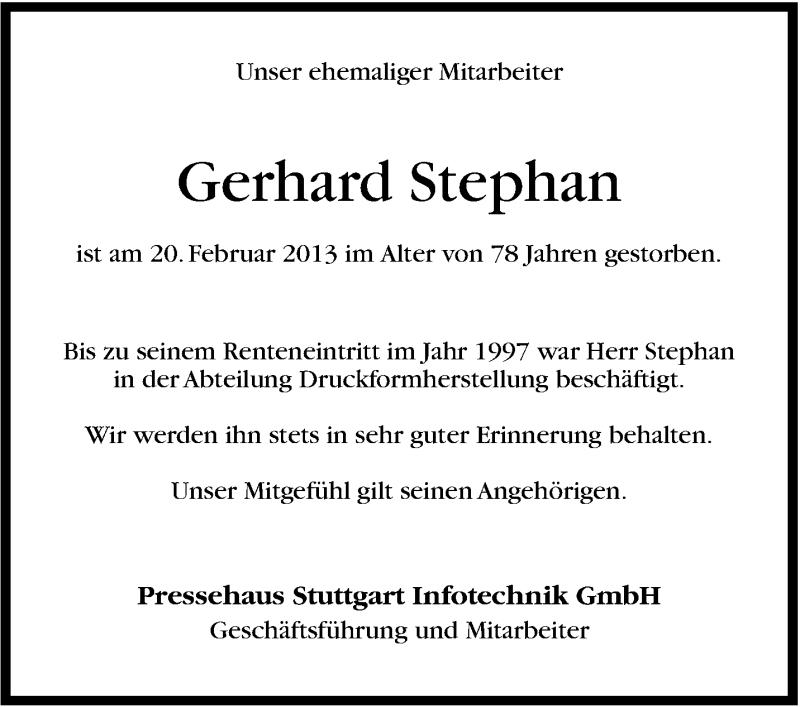 Traueranzeige für Gerhard Stephan vom 27.02.2013 aus Stuttgarter Zeitung / Stuttgarter Nachrichten