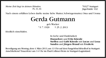 Traueranzeige von Gerda Gutmann von Stuttgarter Zeitung / Stuttgarter Nachrichten