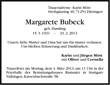 Traueranzeige von Margarete Bubeck von Stuttgarter Zeitung / Stuttgarter Nachrichten
