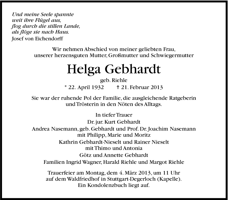  Traueranzeige für Helga Gebhardt vom 28.02.2013 aus Stuttgarter Zeitung / Stuttgarter Nachrichten