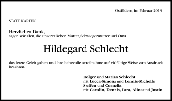 Traueranzeige von Hildegard Schlecht von Stuttgarter Zeitung / Stuttgarter Nachrichten