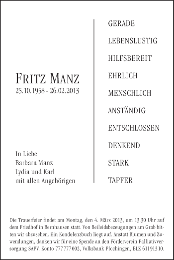 Traueranzeige von Fritz Manz von Stuttgarter Zeitung / Stuttgarter Nachrichten