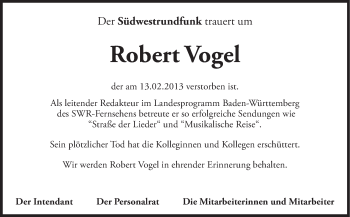 Traueranzeige von Robert Vogel von Stuttgarter Zeitung / Stuttgarter Nachrichten