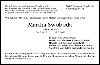 Traueranzeige von Martha Swoboda von Stuttgarter Zeitung / Stuttgarter Nachrichten