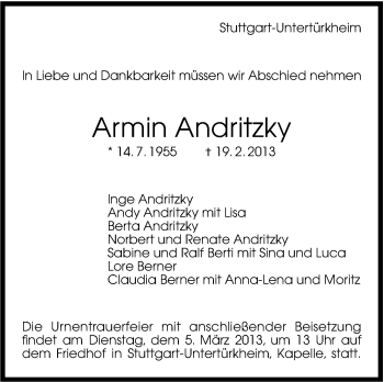Traueranzeige von Armin Andritzky von Stuttgarter Zeitung / Stuttgarter Nachrichten