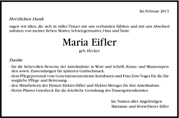 Traueranzeige von Maria Eifler von Stuttgarter Zeitung / Stuttgarter Nachrichten
