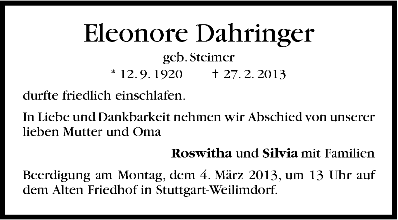  Traueranzeige für Eleonore Dahringer vom 02.03.2013 aus Stuttgarter Zeitung / Stuttgarter Nachrichten