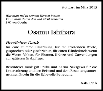 Traueranzeige von Osamu Ishihara von Stuttgarter Zeitung / Stuttgarter Nachrichten