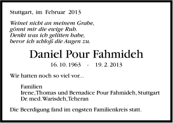 Traueranzeige von Daniel Pour Fahmideh von Stuttgarter Zeitung / Stuttgarter Nachrichten
