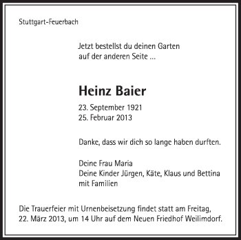 Traueranzeige von Heinz Baier von Stuttgarter Zeitung / Stuttgarter Nachrichten