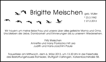 Traueranzeige von Brigitte Meischen von Stuttgarter Zeitung / Stuttgarter Nachrichten