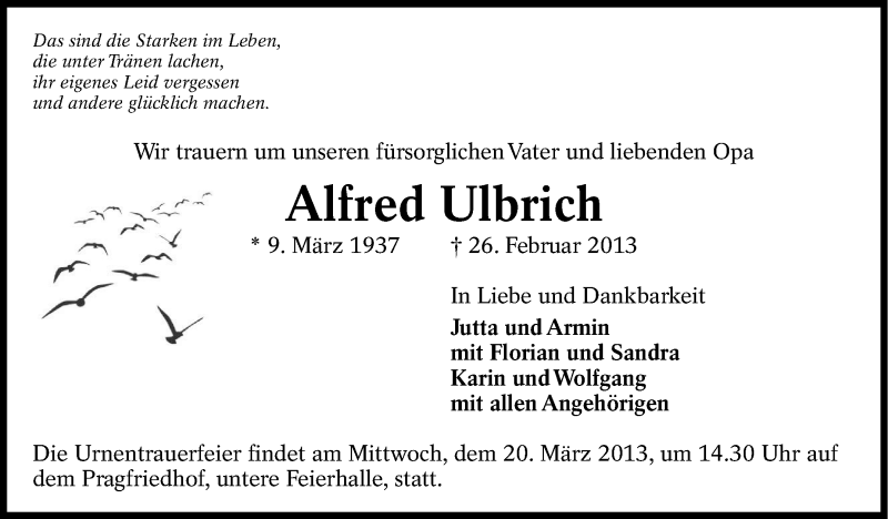  Traueranzeige für Alfred Ulbrich vom 02.03.2013 aus Stuttgarter Zeitung / Stuttgarter Nachrichten