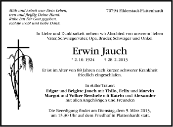 Traueranzeige von Erwin Jauch von Stuttgarter Zeitung / Stuttgarter Nachrichten