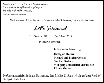 Traueranzeige von Lotte Schimmel von Stuttgarter Zeitung / Stuttgarter Nachrichten
