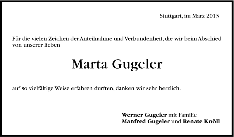  Traueranzeige für Marta Gugeler vom 02.03.2013 aus Stuttgarter Zeitung / Stuttgarter Nachrichten