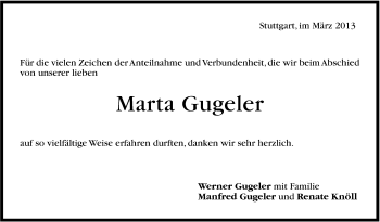 Traueranzeige von Marta Gugeler von Stuttgarter Zeitung / Stuttgarter Nachrichten