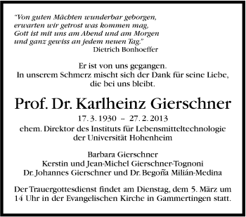 Traueranzeige von Karlheinz Gierschner von Stuttgarter Zeitung / Stuttgarter Nachrichten