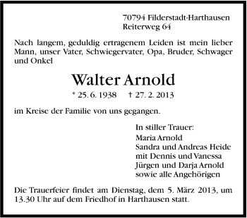 Traueranzeige von Walter Arnold von Stuttgarter Zeitung / Stuttgarter Nachrichten