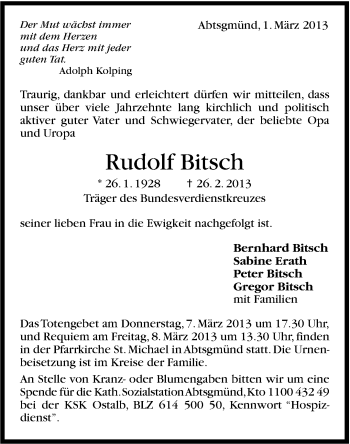 Traueranzeige von Rudolf Bitsch von Stuttgarter Zeitung / Stuttgarter Nachrichten
