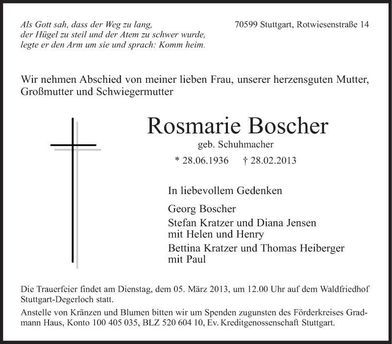  Traueranzeige für Rosmarie Boscher vom 02.03.2013 aus Stuttgarter Zeitung / Stuttgarter Nachrichten
