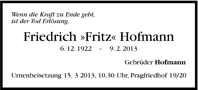  Traueranzeige für Friedrich Hofmann vom 09.03.2013 aus Stuttgarter Zeitung / Stuttgarter Nachrichten