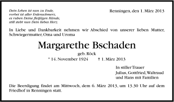 Traueranzeige von Margarethe Bschaden von Stuttgarter Zeitung / Stuttgarter Nachrichten