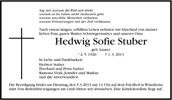 Traueranzeige von Hedwig Sofie Stuber von Stuttgarter Zeitung / Stuttgarter Nachrichten