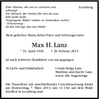 Traueranzeige von Max H. Lanz von Stuttgarter Zeitung / Stuttgarter Nachrichten